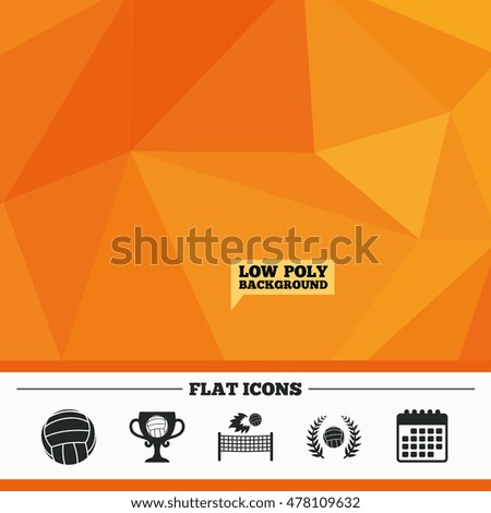 Triangular low poly orange background. Volleyball and net icons. Winner award cup and laurel wreath symbols. Beach sport symbol. Calendar flat icon. Vector