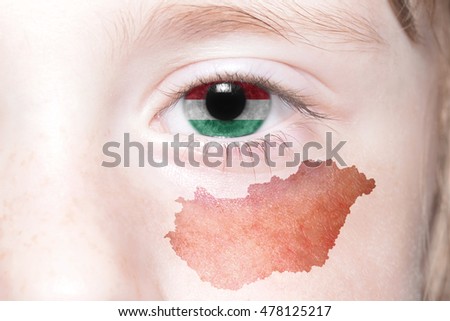 human's eye with national flag and map of hungary. concept