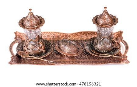 Turkish tea set. Ottoman teacup with traditional arabic ornaments on white background