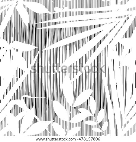 Vector tropical summer print, exotic jungle plant and palm leaves pattern. Floral black and white illustration on grunge background for design of card, wallpaper, textile etc.