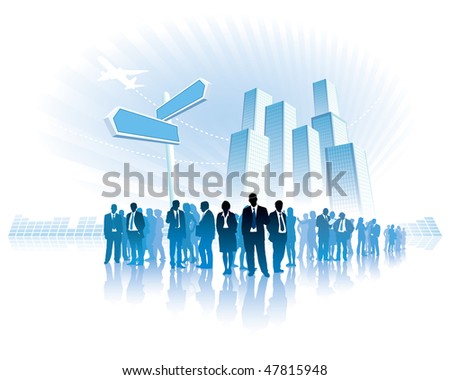 Businesspeople are standing in front of a direction sign, high buildings in the background.