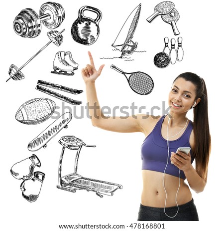 Sporty young woman listening music on white background. Sport lifestyle concept. Diversity of sport icons on background.