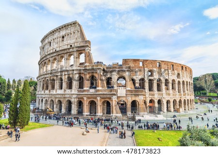 Magnificent aerial panoramnic view on the Great Roman Colosseum ( Coliseum, Colosseo ),also known as the Flavian Amphitheatre. Famous world landmark. Scenic urban landscape. Rome. Italy. Europe Royalty-Free Stock Photo #478173823