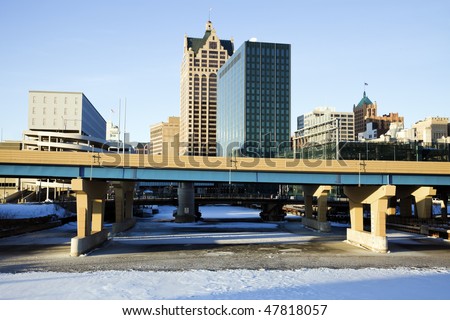 Downtown Milwaukee, Wisconsin above frozen river.