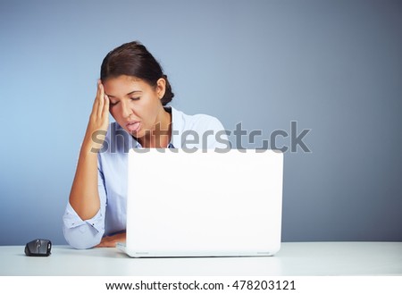 Beautiful Brown Haired Businesswoman Working On Her Laptop Feeling Sick