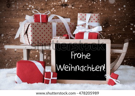 Sleigh With Gifts, Snow, Snowflakes, Frohe Weihnachten Means Merry Christmas