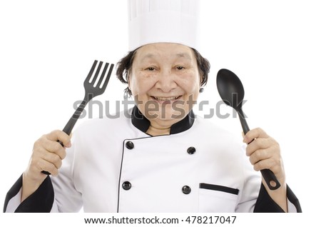 chef senior woman over white background