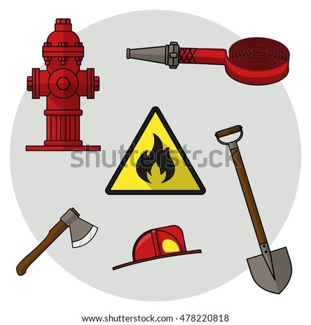 Set of drawings on the theme of fire service. Colored objects on a white background. Firefighters tools. Vector Illustration