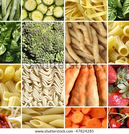 Food collage including pictures of vegetables, fruit, pasta and more