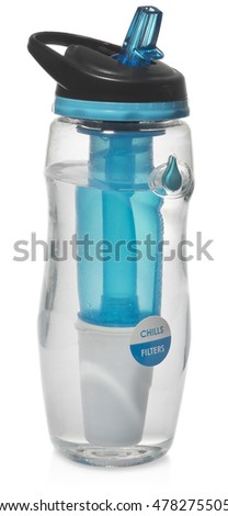 Sport Bottle, a bottle of water for the athletes. Bottle for athletes with a water filter. Filled with water, ready to use. Isolated on white background, side view.