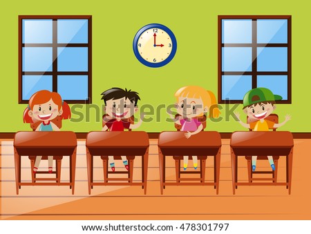 Four students sitting in classroom illustration