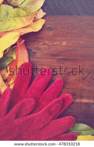 Autumn Fall Background with colourul leaves and red woollen gloves on dark wood background, with applied retro vintage style filters. . 
