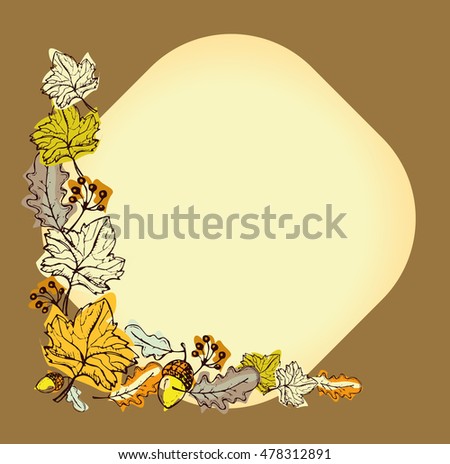 Decorative autumn illustration with yellow and beige leaves, acorn. Vector illustration.
