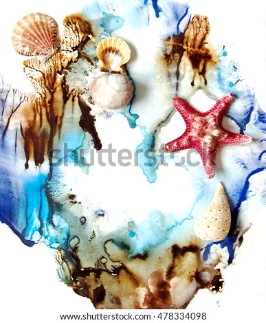 Beautiful composition of the circle of shells with starfish on a watercolor background. Abstraction, sea theme, nature, travel, science, beauty.