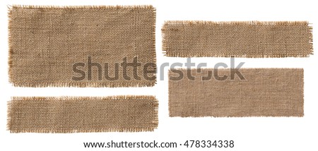 Burlap Fabric Label Pieces, Rustic Hessian Patch, Torn Sack Cloth Isolated over White Royalty-Free Stock Photo #478334338