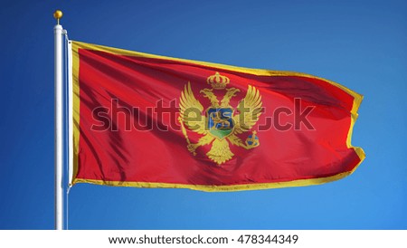 Montenegro flag waving against clean blue sky, close up, isolated with clipping path mask alpha channel transparency