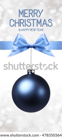 merry christmas and happy new year text with blue ball and ribbon bow