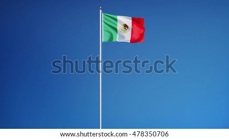 Mexico flag waving against clean blue sky, long shot, isolated with clipping path mask alpha channel transparency