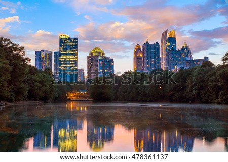  Atlanta, Georgia Skyline from Piedmont Park's Lake Meer.