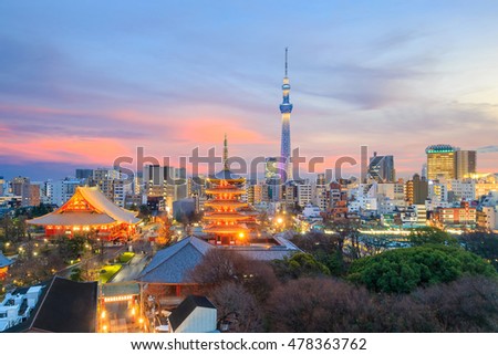 View of Tokyo skyline at sunset in Japan.
