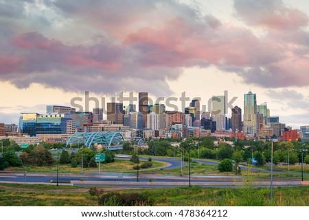 Panorama of Denver skyline long exposure at twilight.