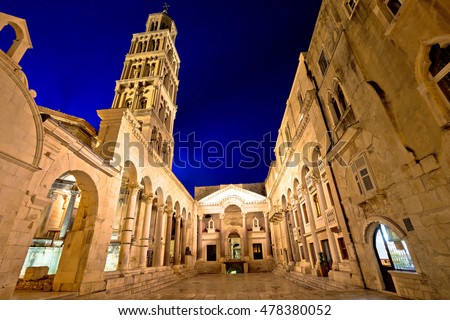 Split historic landmarks evening view of cathedral and Peristil square, UNESCO world heritage site, Dalmatia, Croatia Royalty-Free Stock Photo #478380052