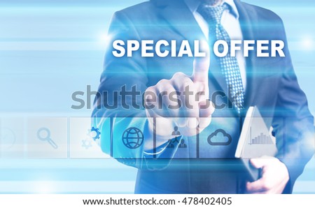 Businessman is pressing button on touch screen interface and selecting "Special offer".