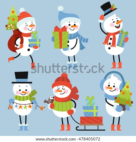 Set of winter holidays snowman. Cheerful snowmen in different costumes. Gifts, Christmas tree, garland, and other holiday attributes.