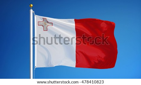 Malta flag waving against clean blue sky, close up, isolated with clipping path mask alpha channel transparency Royalty-Free Stock Photo #478410823