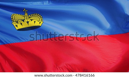 Liechtenstein flag waving against clean blue sky, close up, isolated with clipping path mask alpha channel transparency