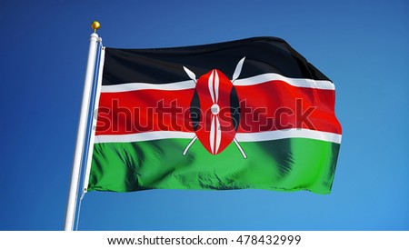 Kenya flag waving against clean blue sky, close up, isolated with clipping path mask alpha channel transparency