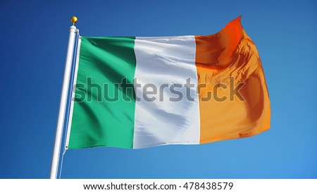 Ireland flag waving against clean blue sky, close up, isolated with clipping path mask alpha channel transparency