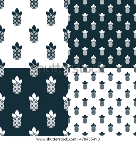 Pineapples isolated on blue and white background. Vector set. Collection seamless patterns