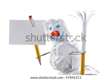 Paper snowman with sign. Office jokes. Isolated on white