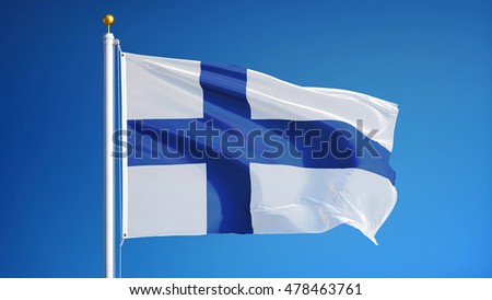 Finland flag waving against clean blue sky, close up, isolated with clipping path mask alpha channel transparency