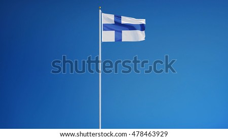 Finland flag waving against clean blue sky, long shot, isolated with clipping path mask alpha channel transparency