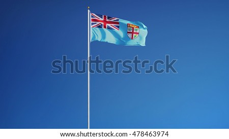 Fiji flag waving against clean blue sky, long shot, isolated with clipping path mask alpha channel transparency