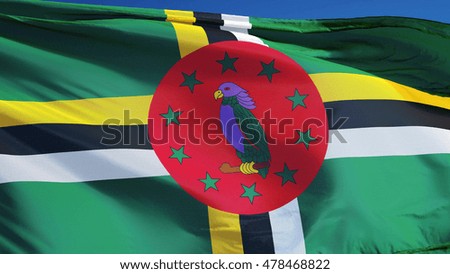 Dominica flag waving against clean blue sky, close up, isolated with clipping path mask alpha channel transparency