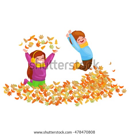 Kids playing with autumn leaves.