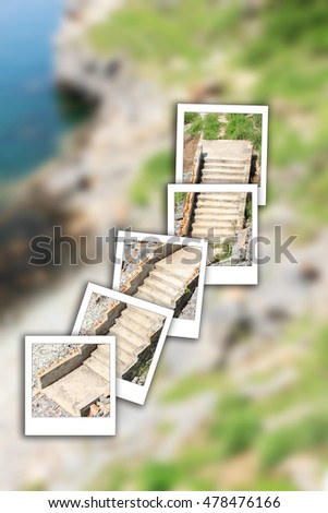  staircase stone on  instant photo and beach for people walk. 