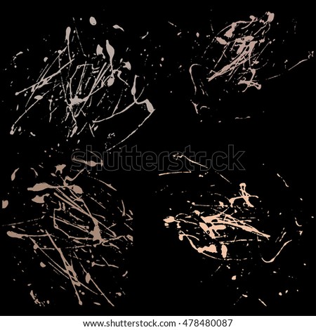 Vector splatter paint abstract on black background set hand drawing design art, stain splash ink beige pale color grunge texture, spray pattern
