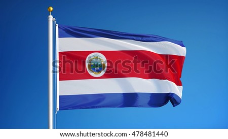 Costa Rica flag waving against clean blue sky, close up, isolated with clipping path mask alpha channel transparency