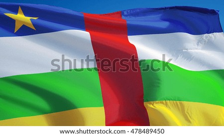 Central African Republic flag waving against clean sky, close up, isolated with clipping path mask alpha channel transparency