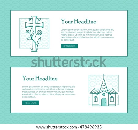 Religion vector thin line banner template for modern church promo materials. Monochrome thin line illustrations of cross and church