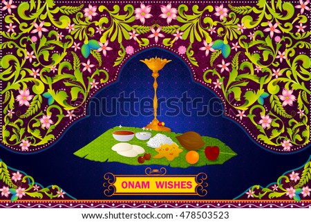 Authenticate South Indian food preparation for Happy Onam celebration in vector