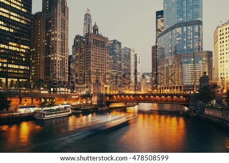 DuSable bridge at twilight, Chicago. Royalty-Free Stock Photo #478508599