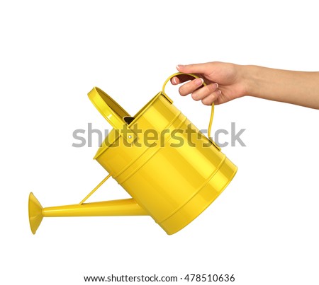Concept of gardening. Woman hand hold the yellow watering can isolated on a white background. Royalty-Free Stock Photo #478510636