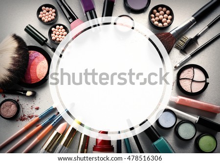 Colorful cosmetics on gray background. Beauty and makeup concept. Space for text. Royalty-Free Stock Photo #478516306