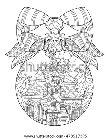 Vector cute fairy tale town doodle in christmas fir tree ball.Hand drawn line illustration.Sketch for postcard or print or coloring adult anti stress book.Boho zen art style.