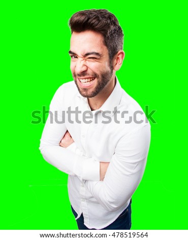 young man winking on white